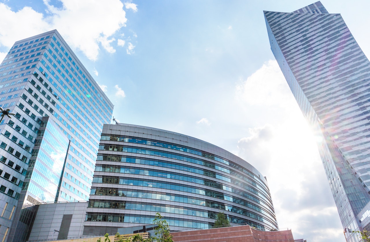 Tall office buildings on a sunny day.