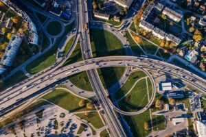 a bird view of buildings and roads